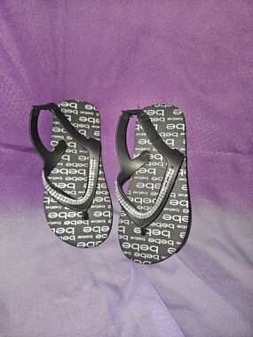 Bebe Black Logo Flip Flops with Rhinestone Straps